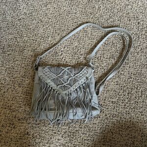 Elegant Gray/blue Crossbody Bag with Fringe